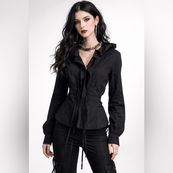 Y2K Bai Amour Black Ruffle Collar Open Cardigan Size Small - Picture 8 of 8